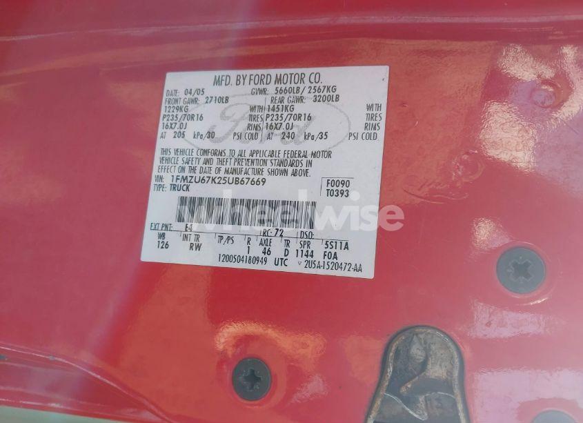 Photo 9 of 2005 Ford Explorer SPORT TRAC ADRENALIN/XLS/XLT (VIN 1FMZU67K25UB67669)