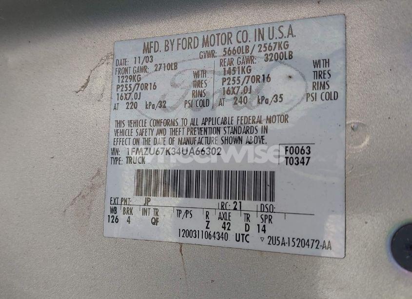 Photo 9 of 2004 Ford Explorer SPORT TRAC ADRENALIN/XLS/XLT (VIN 1FMZU67K34UA66302)