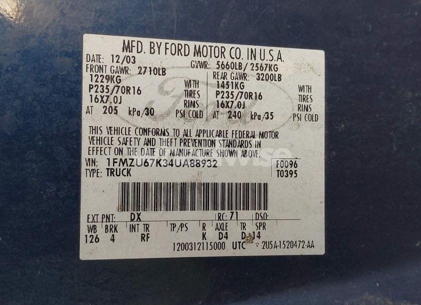 Photo 9 of 2004 Ford Explorer SPORT TRAC ADRENALIN/XLS/XLT (VIN 1FMZU67K34UA88932)