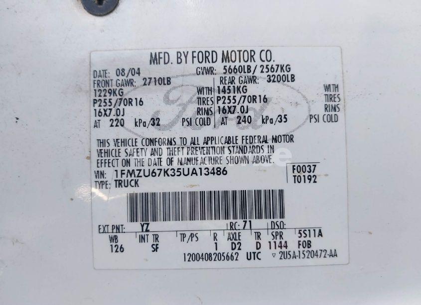 Photo 9 of 2005 Ford Explorer SPORT TRAC ADRENALIN/XLS/XLT (VIN 1FMZU67K35UA13486)