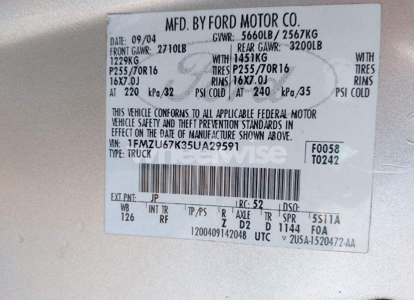 Photo 9 of 2005 Ford Explorer SPORT TRAC ADRENALIN/XLS/XLT (VIN 1FMZU67K35UA29591)