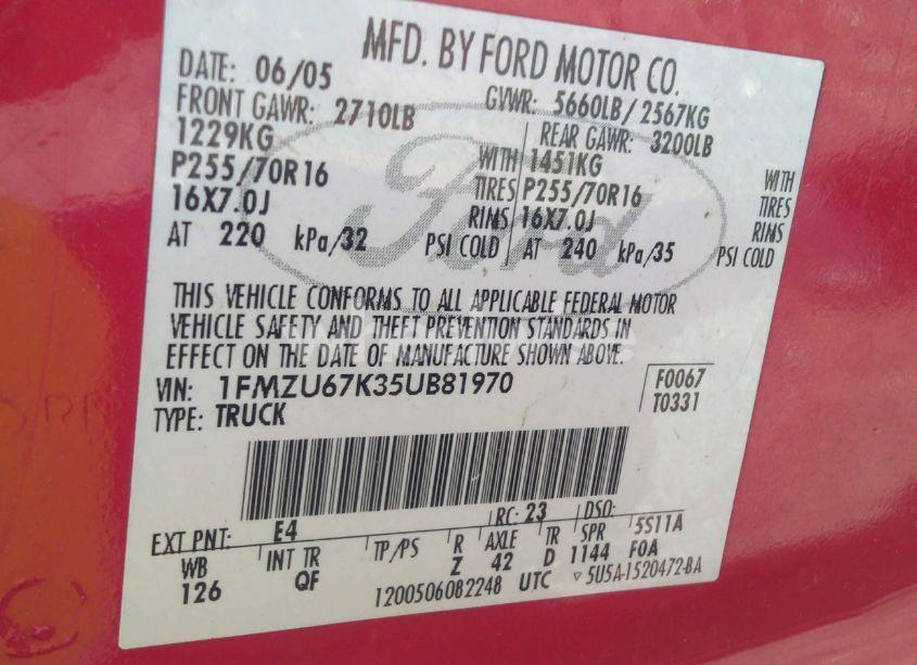 Photo 9 of 2005 Ford Explorer SPORT TRAC ADRENALIN/XLS/XLT (VIN 1FMZU67K35UB81970)