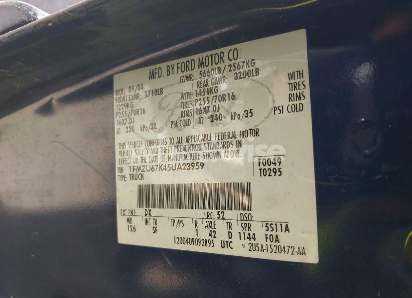 Photo 9 of 2005 Ford Explorer SPORT TRAC ADRENALIN/XLS/XLT (VIN 1FMZU67K45UA23959)