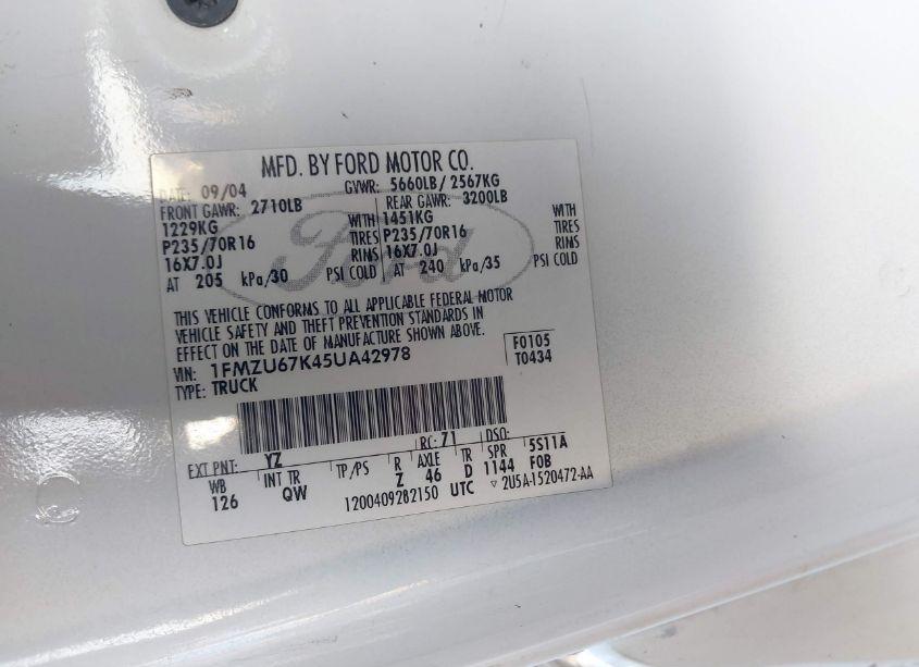 Photo 9 of 2005 Ford Explorer SPORT TRAC ADRENALIN/XLS/XLT (VIN 1FMZU67K45UA42978)