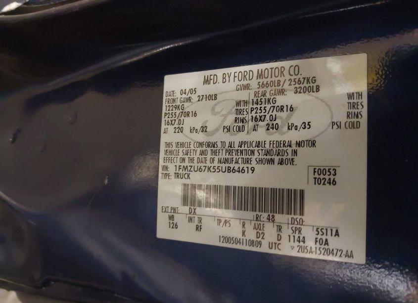 Photo 9 of 2005 Ford Explorer SPORT TRAC ADRENALIN/XLS/XLT (VIN 1FMZU67K55UB64619)