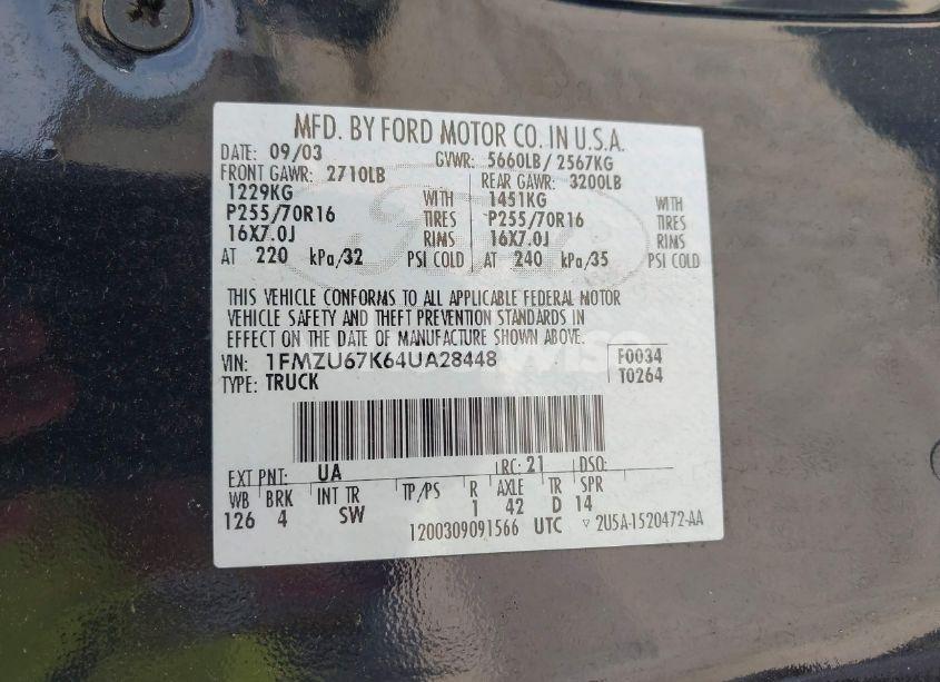 Photo 9 of 2004 Ford Explorer SPORT TRAC ADRENALIN/XLS/XLT (VIN 1FMZU67K64UA28448)