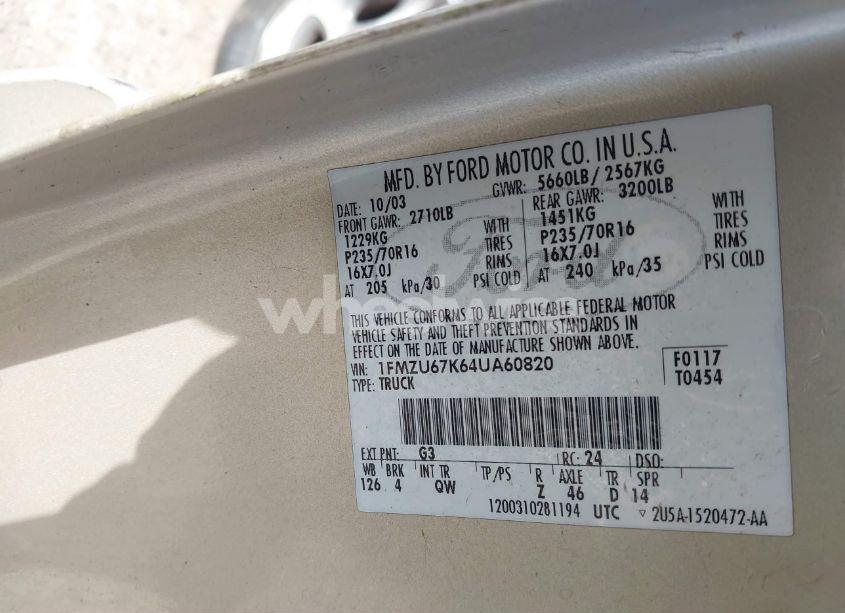 Photo 9 of 2004 Ford Explorer SPORT TRAC ADRENALIN/XLS/XLT (VIN 1FMZU67K64UA60820)