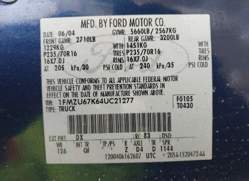 Photo 9 of 2004 Ford Explorer SPORT TRAC ADRENALIN/XLS/XLT (VIN 1FMZU67K64UC21277)