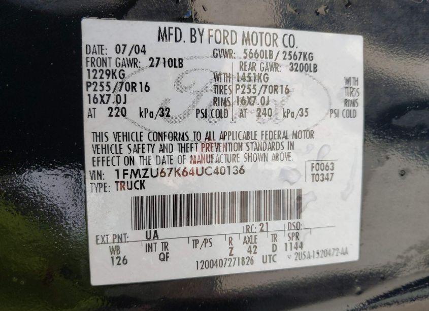 Photo 9 of 2004 Ford Explorer SPORT TRAC ADRENALIN/XLS/XLT (VIN 1FMZU67K64UC40136)