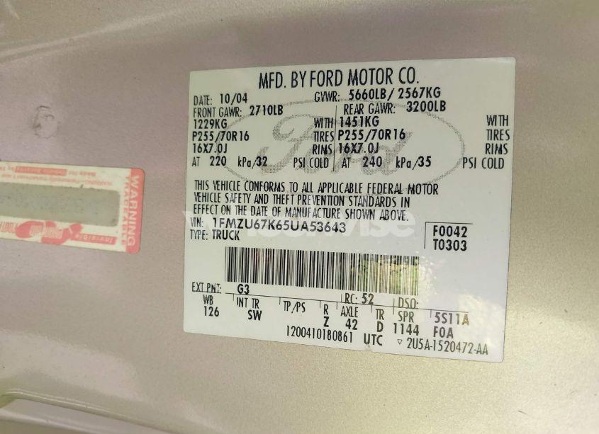 Photo 9 of 2005 Ford Explorer SPORT TRAC ADRENALIN/XLS/XLT (VIN 1FMZU67K65UA53643)