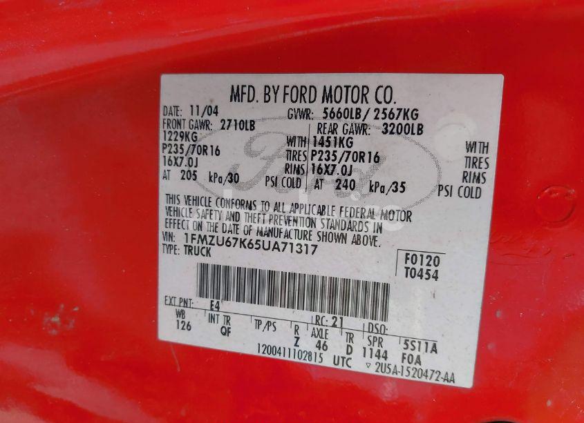 Photo 9 of 2005 Ford Explorer SPORT TRAC ADRENALIN/XLS/XLT (VIN 1FMZU67K65UA71317)