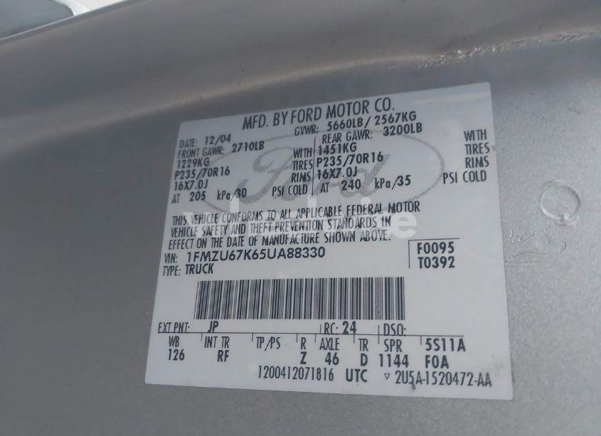 Photo 9 of 2005 Ford Explorer SPORT TRAC ADRENALIN/XLS/XLT (VIN 1FMZU67K65UA88330)