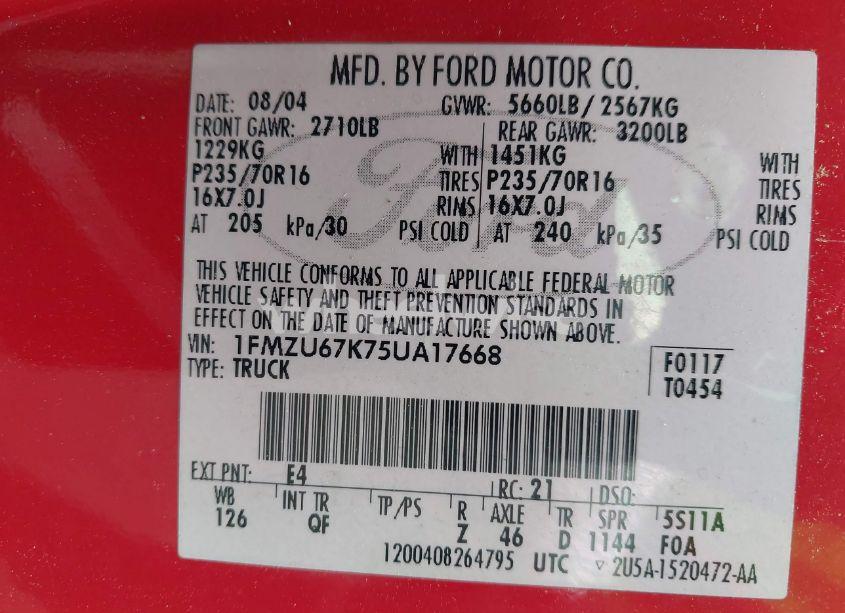 Photo 9 of 2005 Ford Explorer SPORT TRAC ADRENALIN/XLS/XLT (VIN 1FMZU67K75UA17668)