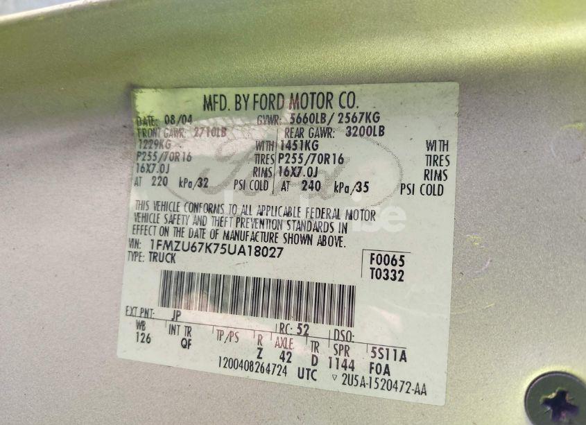 Photo 9 of 2005 Ford Explorer SPORT TRAC ADRENALIN/XLS/XLT (VIN 1FMZU67K75UA18027)