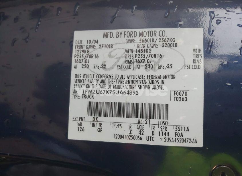 Photo 9 of 2005 Ford Explorer SPORT TRAC ADRENALIN/XLS/XLT (VIN 1FMZU67K75UA64893)