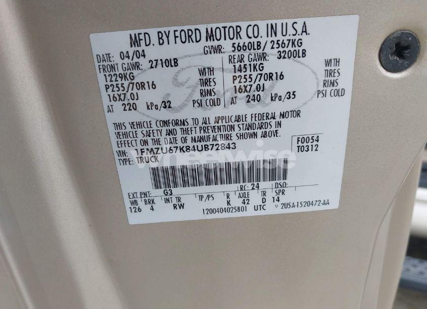 Photo 9 of 2004 Ford Explorer SPORT TRAC ADRENALIN/XLS/XLT (VIN 1FMZU67K84UB72843)