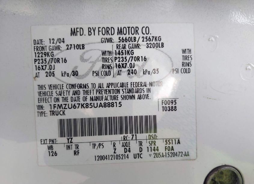 Photo 9 of 2005 Ford Explorer SPORT TRAC ADRENALIN/XLS/XLT (VIN 1FMZU67K85UA88815)