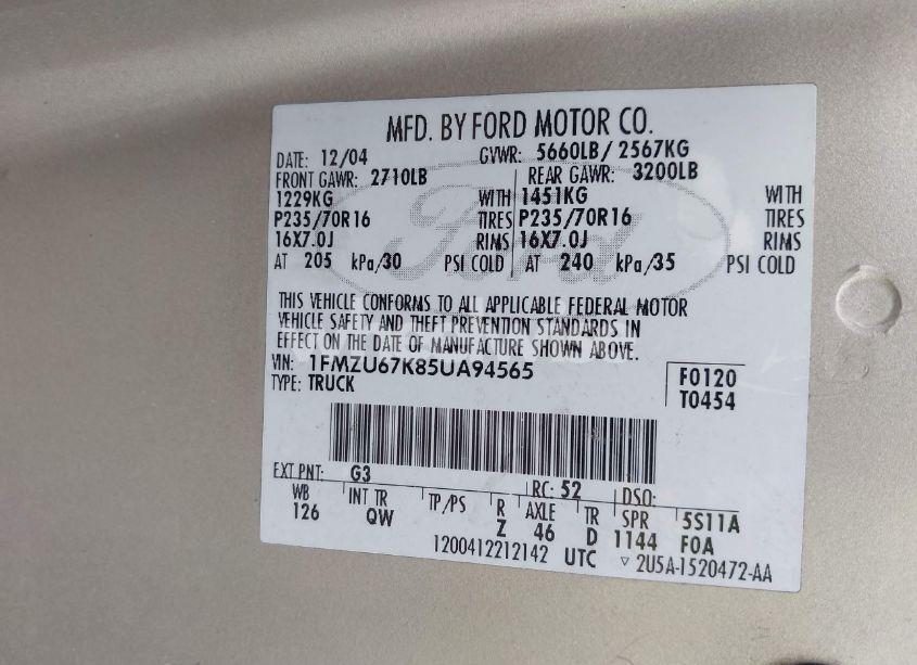 Photo 9 of 2005 Ford Explorer SPORT TRAC ADRENALIN/XLS/XLT (VIN 1FMZU67K85UA94565)