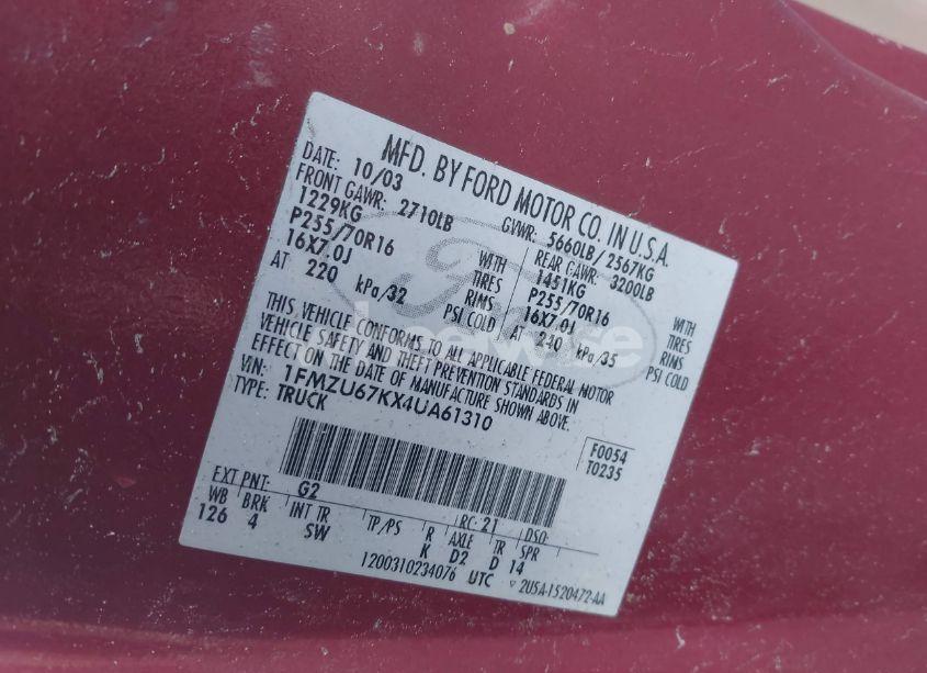 Photo 9 of 2004 Ford Explorer SPORT TRAC ADRENALIN/XLS/XLT (VIN 1FMZU67KX4UA61310)