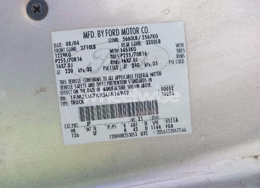 Photo 9 of 2005 Ford Explorer SPORT TRAC ADRENALIN/XLS/XLT (VIN 1FMZU67KX5UA16949)