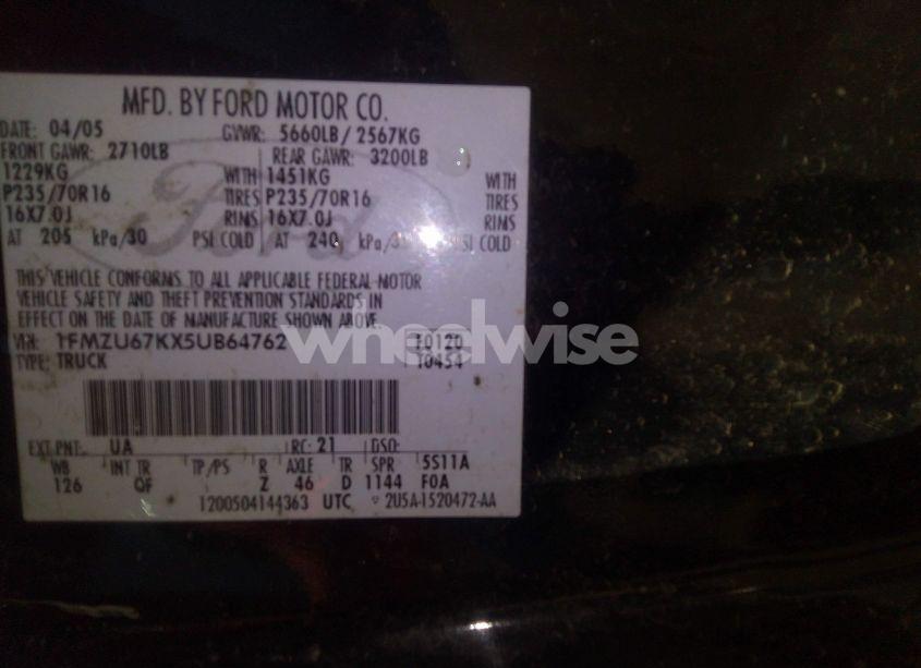 Photo 9 of 2005 Ford Explorer SPORT TRAC ADRENALIN/XLS/XLT (VIN 1FMZU67KX5UB64762)