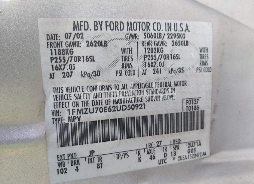 Photo 9 of 2002 Ford Explorer SPORT (VIN 1FMZU70E62UD50921)