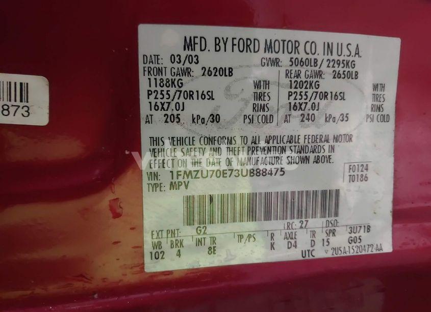 Photo 9 of 2003 Ford Explorer SPORT XLS/XLT (VIN 1FMZU70E73UB88475)