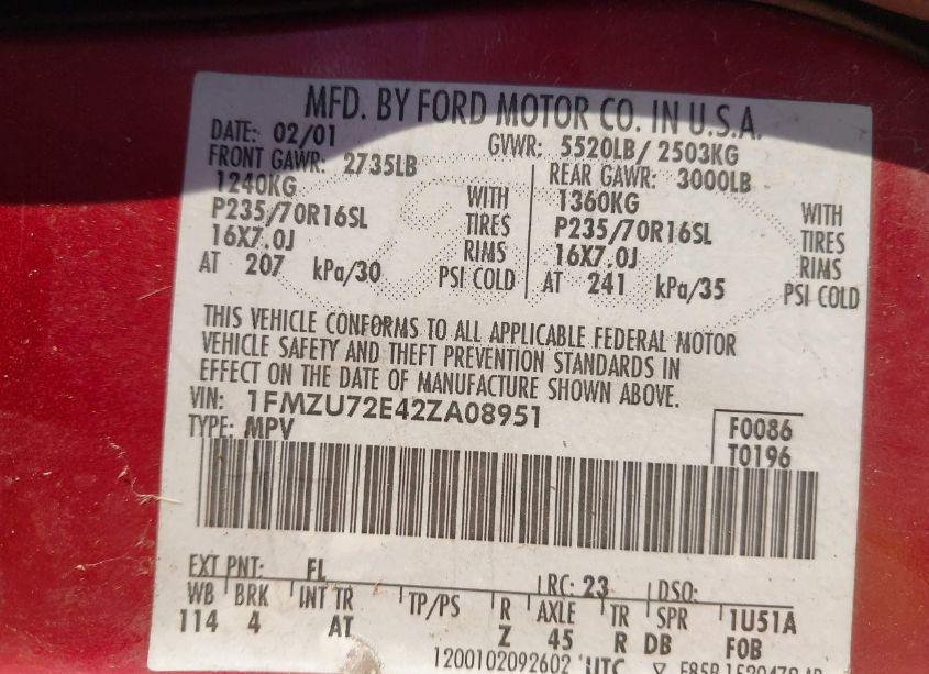 Photo 9 of 2002 Ford Explorer XLS (VIN 1FMZU72E42ZA08951)