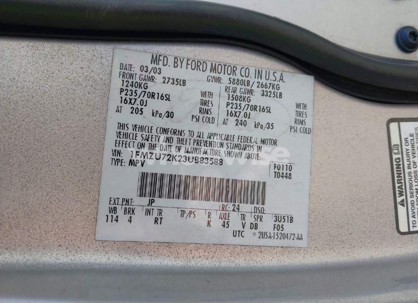 Photo 9 of 2003 Ford Explorer XLS (VIN 1FMZU72K23UB83588)