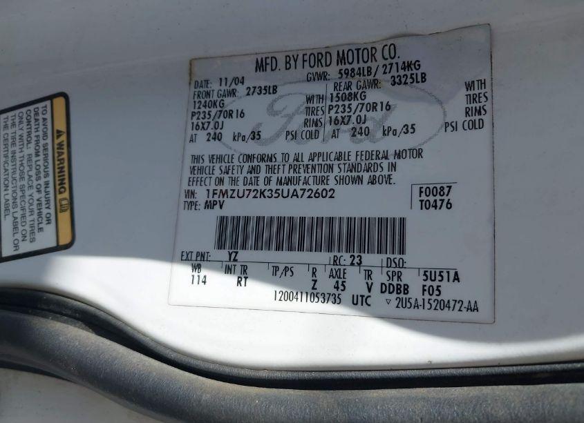 Photo 9 of 2005 Ford Explorer XLS/XLS SPORT (VIN 1FMZU72K35UA72602)