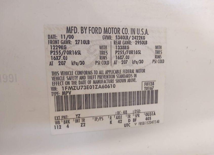 Photo 9 of 2001 Ford Explorer XLT (VIN 1FMZU73E01ZA60610)