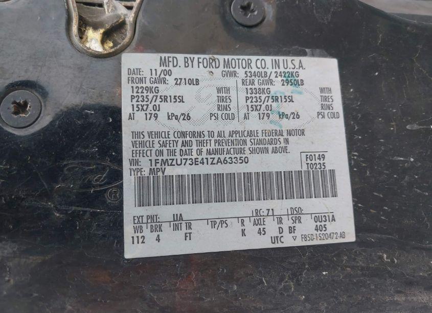 Photo 9 of 2001 Ford Explorer XLT (VIN 1FMZU73E41ZA63350)