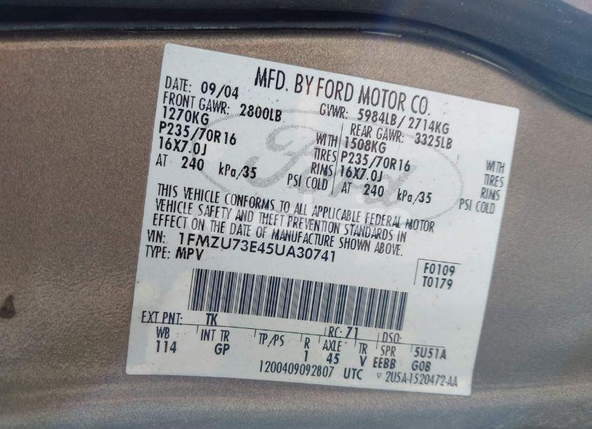 Photo 9 of 2005 Ford Explorer XLT/XLT SPORT (VIN 1FMZU73E45UA30741)