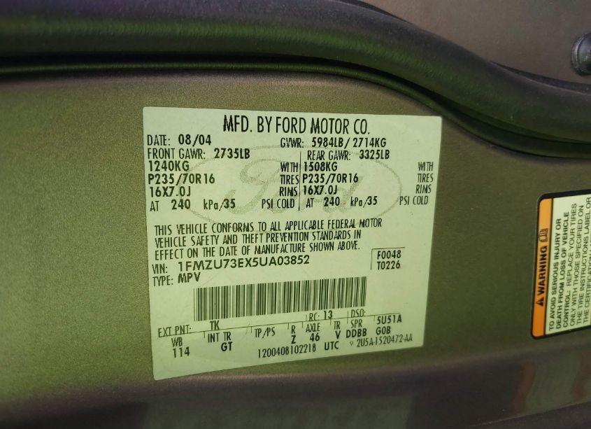 Photo 9 of 2005 Ford Explorer XLT/XLT SPORT (VIN 1FMZU73EX5UA03852)