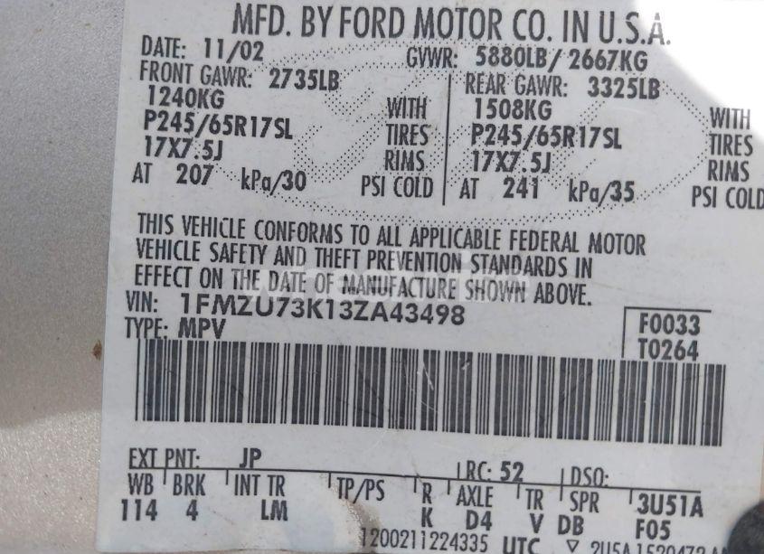 Photo 9 of 2003 Ford Explorer NBX/XLT (VIN 1FMZU73K13ZA43498)