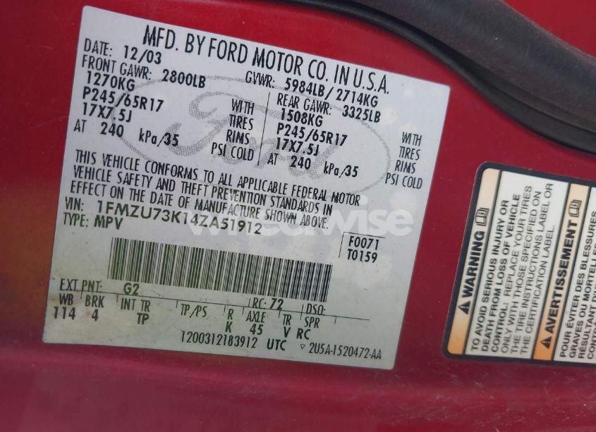 Photo 9 of 2004 Ford Explorer NBX/XLT (VIN 1FMZU73K14ZA51912)