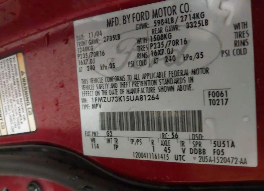 Photo 9 of 2005 Ford Explorer XLT/XLT SPORT/NBX (VIN 1FMZU73K15UA81264)