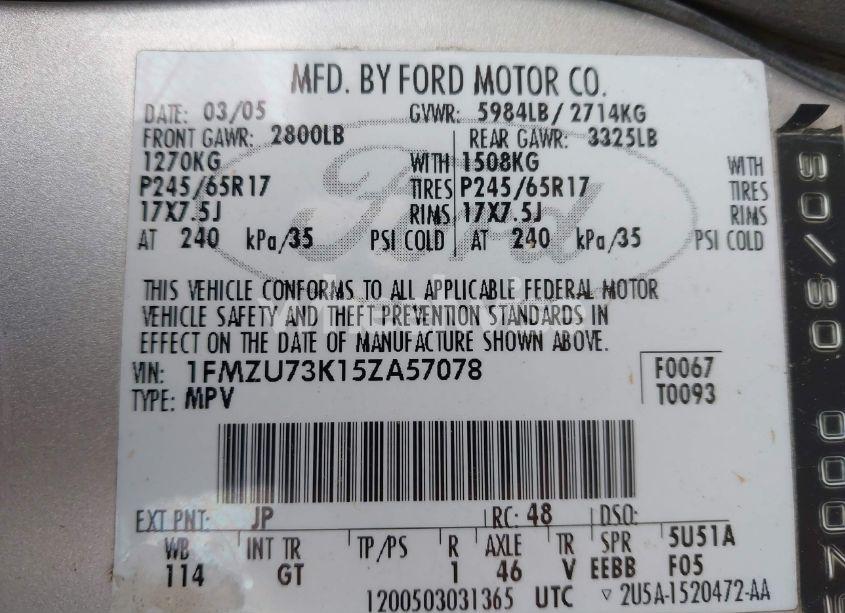 Photo 9 of 2005 Ford Explorer XLT/XLT SPORT (VIN 1FMZU73K15ZA57078)