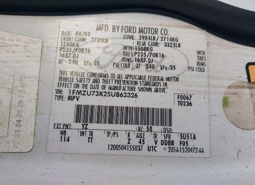 Photo 9 of 2005 Ford Explorer XLT/XLT SPORT (VIN 1FMZU73K25UB63326)