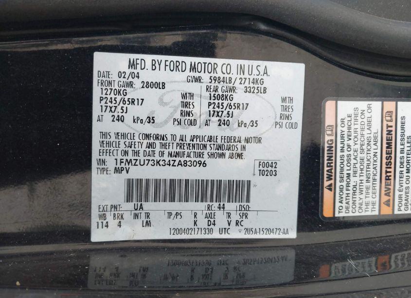 Photo 9 of 2004 Ford Explorer NBX/XLT (VIN 1FMZU73K34ZA83096)