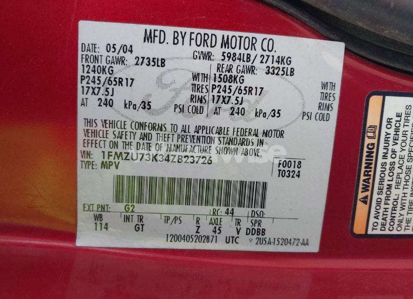 Photo 9 of 2004 Ford Explorer NBX/XLT (VIN 1FMZU73K34ZB23726)