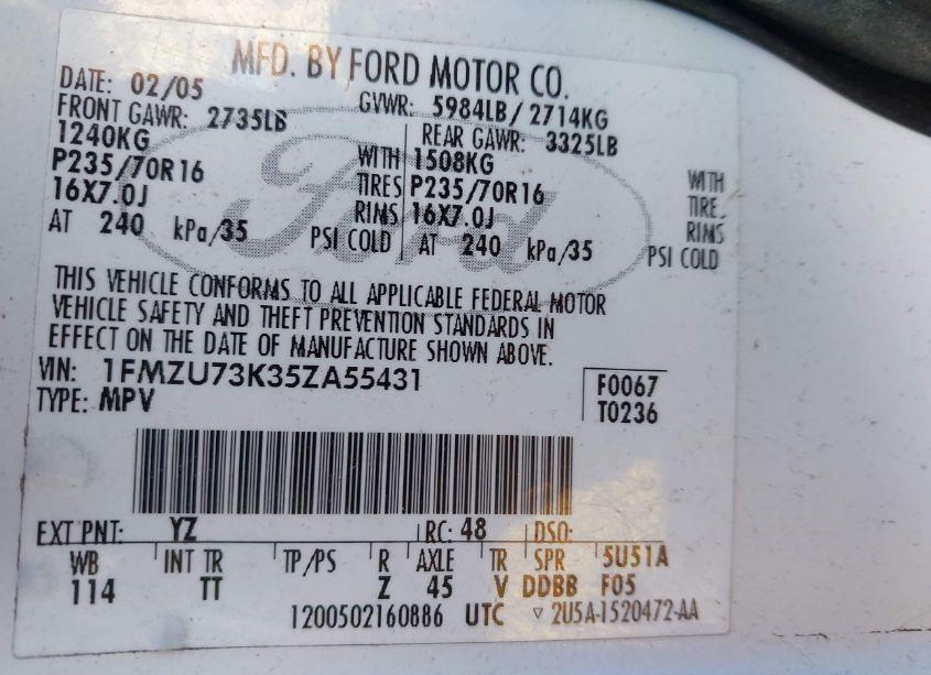 Photo 9 of 2005 Ford Explorer XLT/XLT SPORT (VIN 1FMZU73K35ZA55431)