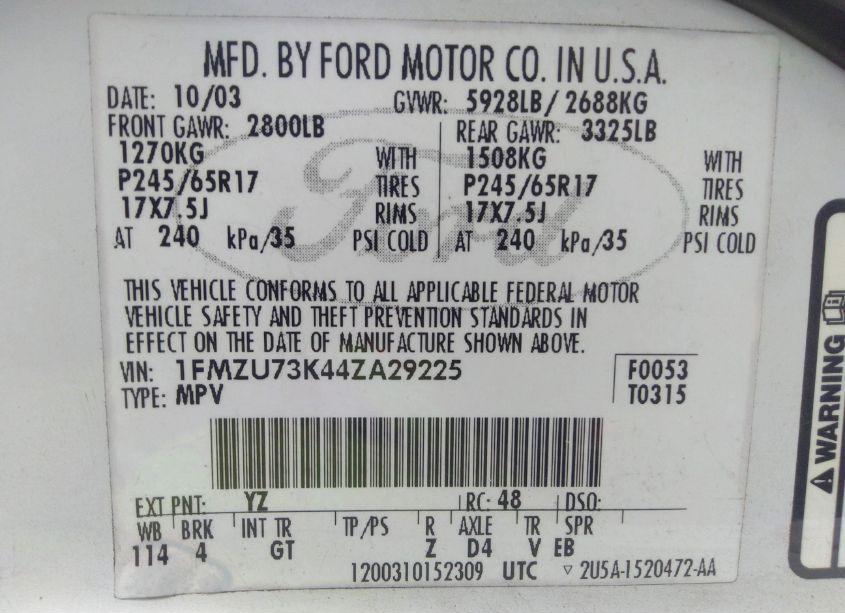 Photo 9 of 2004 Ford Explorer NBX/XLT (VIN 1FMZU73K44ZA29225)