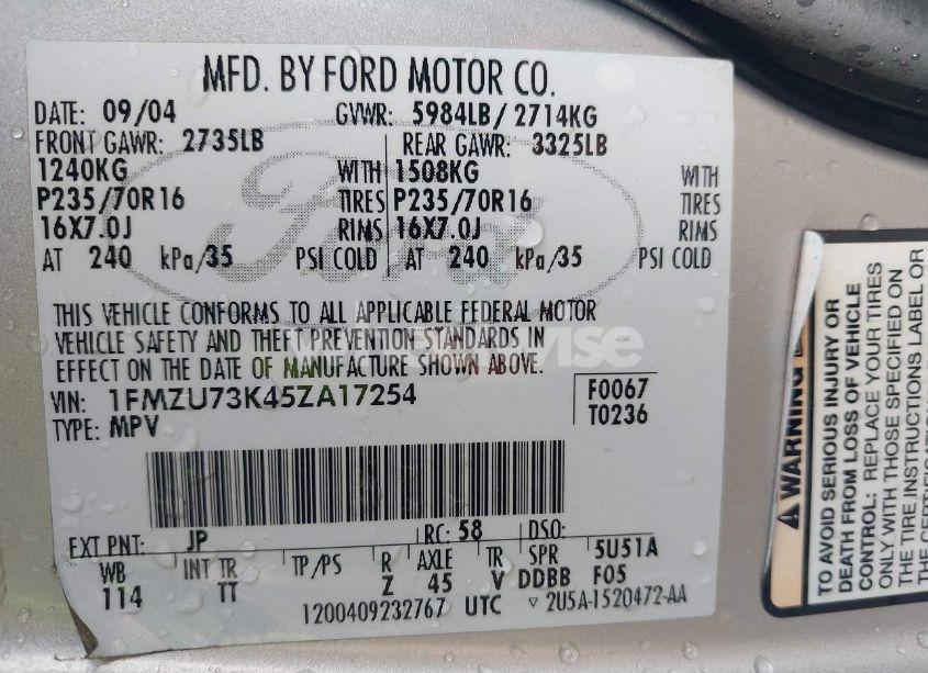 Photo 9 of 2005 Ford Explorer XLT/XLT SPORT (VIN 1FMZU73K45ZA17254)