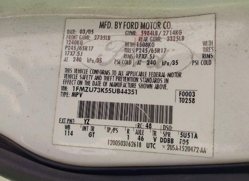 Photo 9 of 2005 Ford Explorer XLT/XLT SPORT (VIN 1FMZU73K55UB44351)