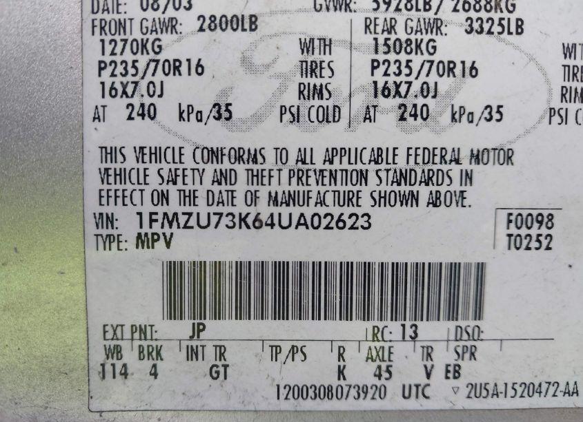 Photo 9 of 2004 Ford Explorer (VIN 1FMZU73K64UA02623)