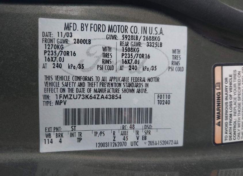 Photo 9 of 2004 Ford Explorer NBX/XLT (VIN 1FMZU73K64ZA43854)