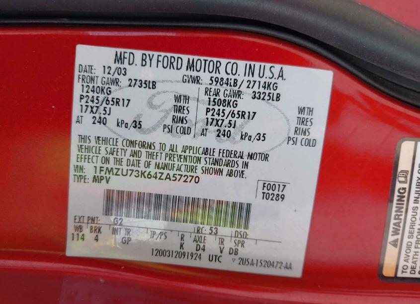 Photo 9 of 2004 Ford Explorer NBX/XLT (VIN 1FMZU73K64ZA57270)