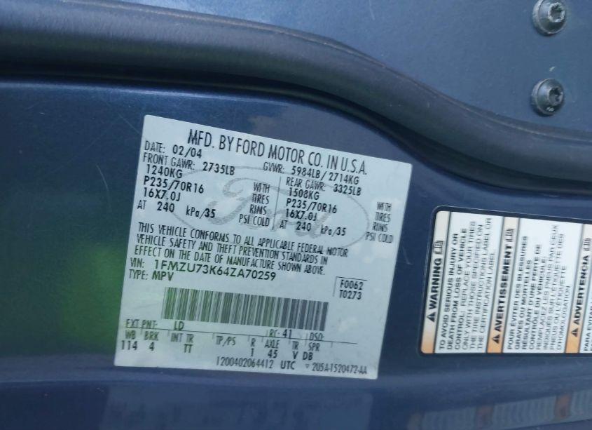 Photo 9 of 2004 Ford Explorer NBX/XLT (VIN 1FMZU73K64ZA70259)