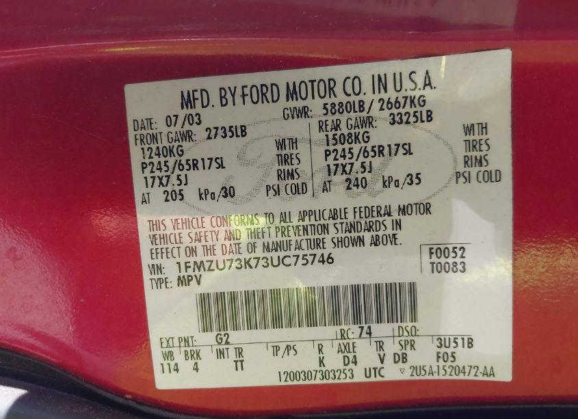 Photo 9 of 2003 Ford Explorer NBX/XLT (VIN 1FMZU73K73UC75746)